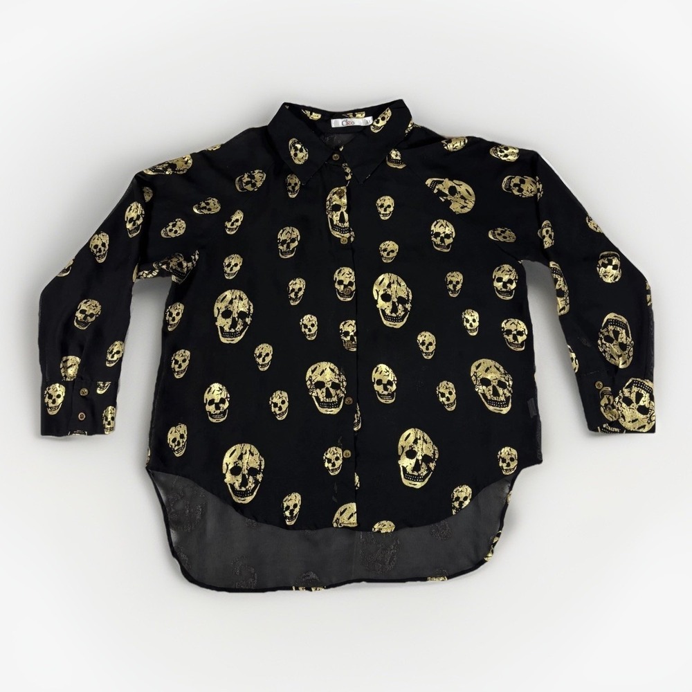 Cleo‎ Skull Print Button Down Shirt Women 1X Black Gold Metallic Goth Whimsigoth